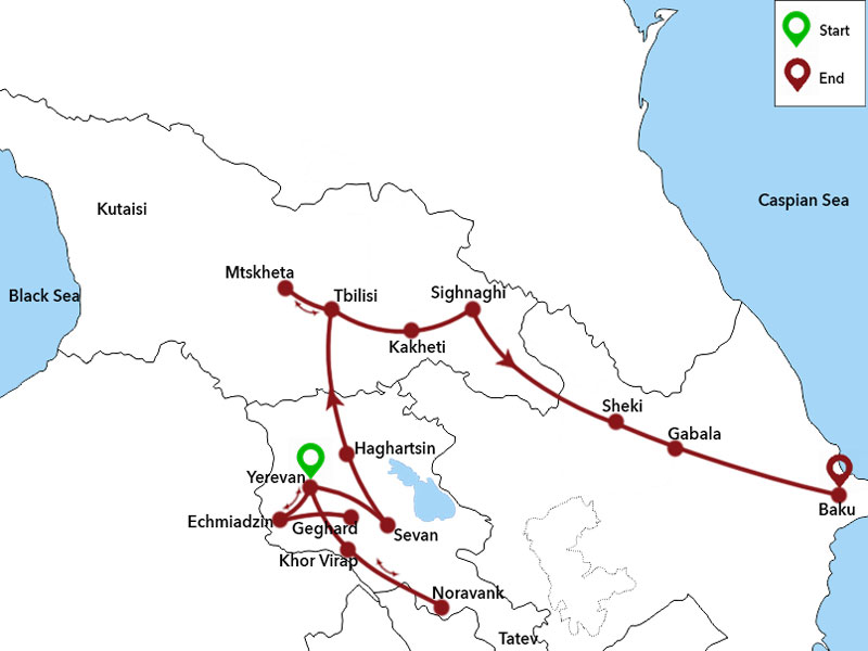 map-Armenia, Georgia & Azerbaijan Short Break Tour