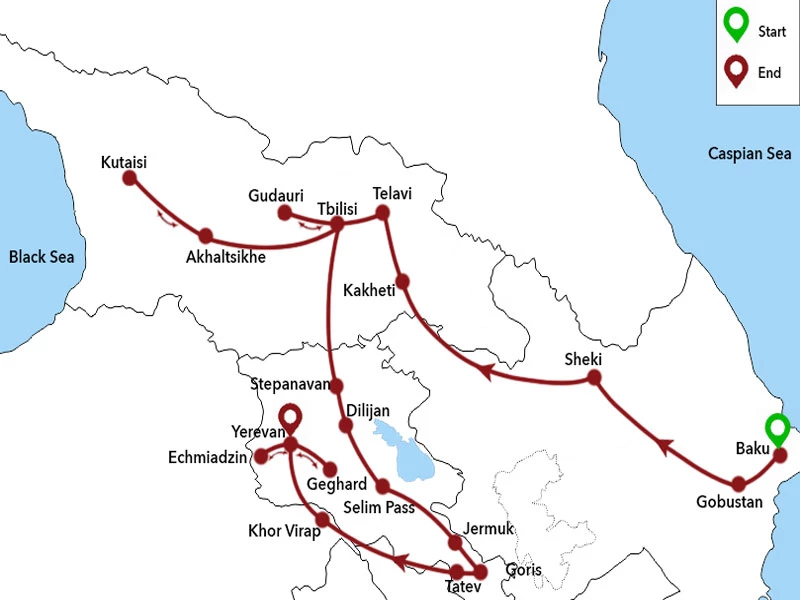 map-Azerbaijan, Georgia and Armenia in 17 days 