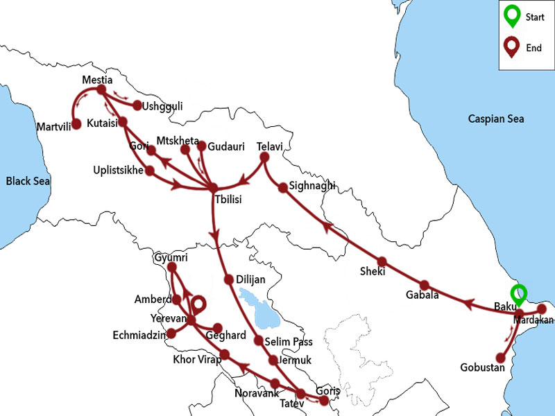 map-Azerbaijan, Georgia and Armenia Tour in 26 days