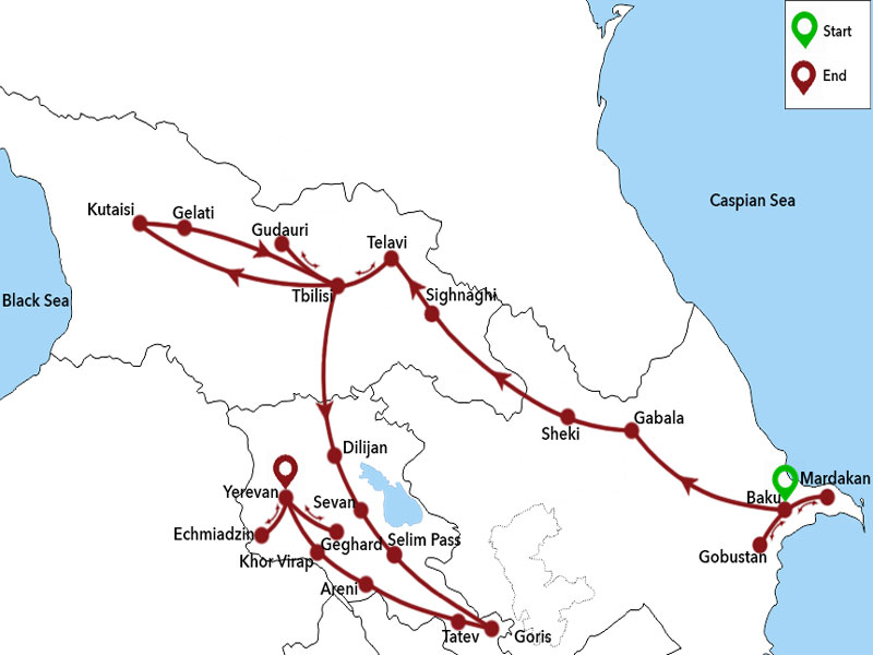 map-Tour nach Aserbaidschan, Georgien und Armenien in 21 Tagen