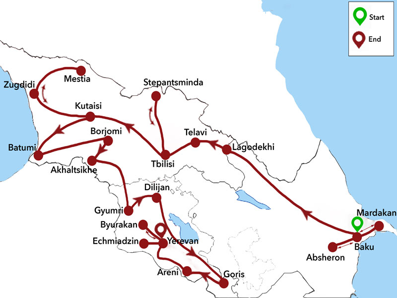 map-Tour nach Aserbaidschan, Georgien und Armenien in 31 Tagen