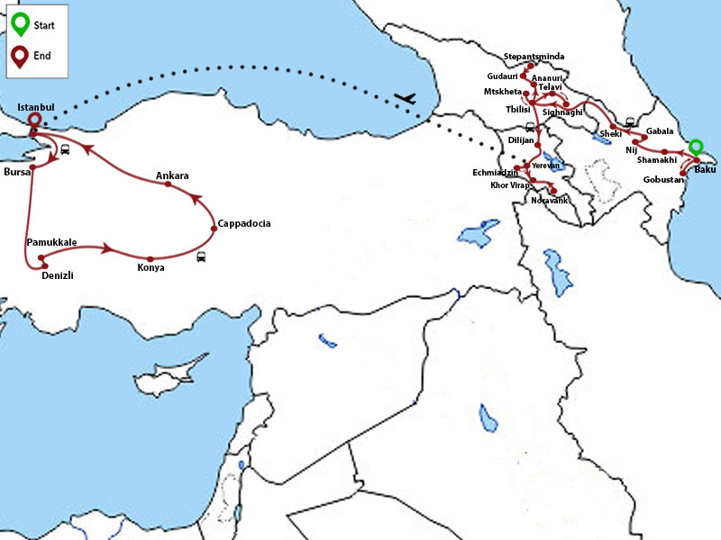 map-Tour to Azerbaijan, Georgia, Armenia and Turkey